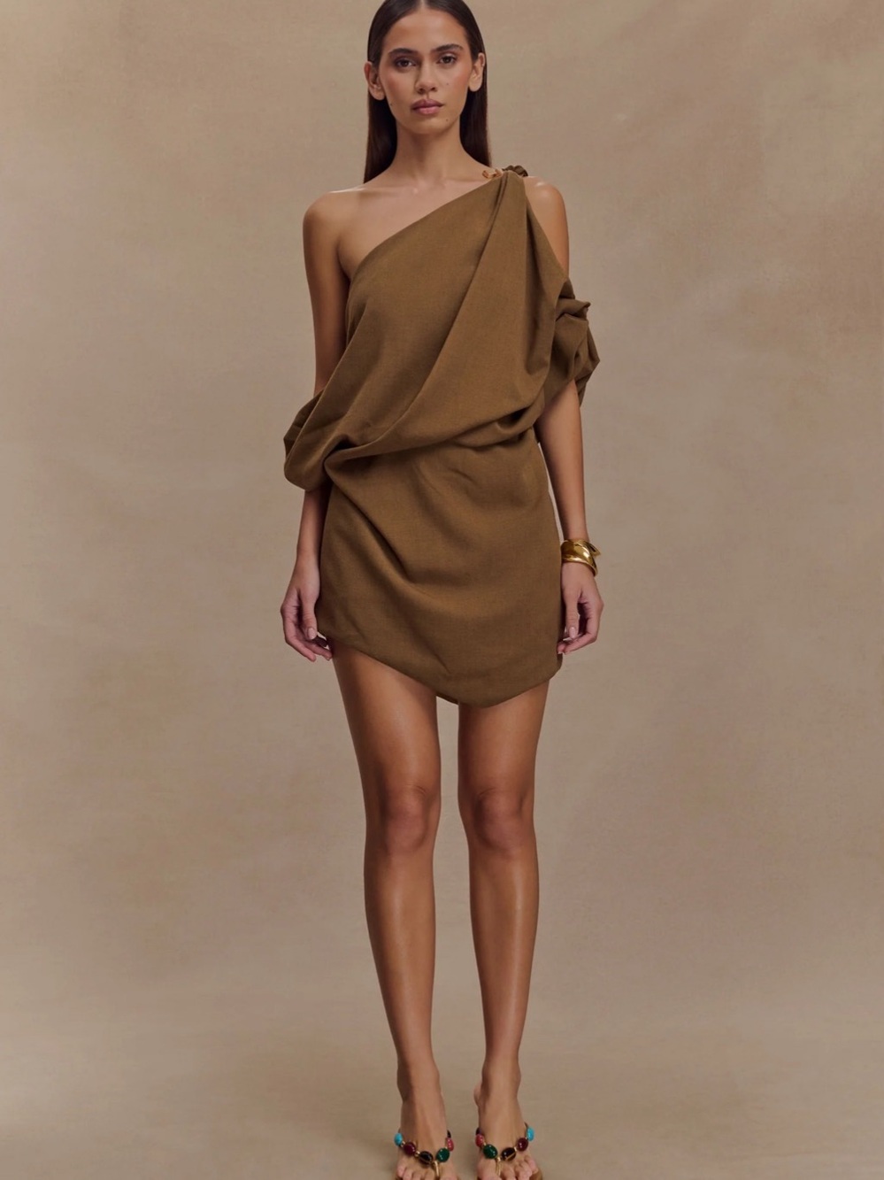 MESHKI Gabriella Draped Mini Dress - Light Brown Marle